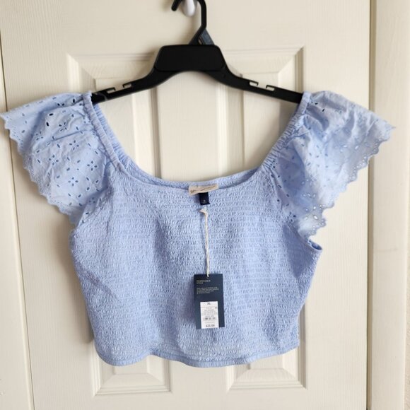 Womens Light Blue Smocked Crop Top Eyelet Flutter Sleeves Universal Thread XL - Picture 1 of 9